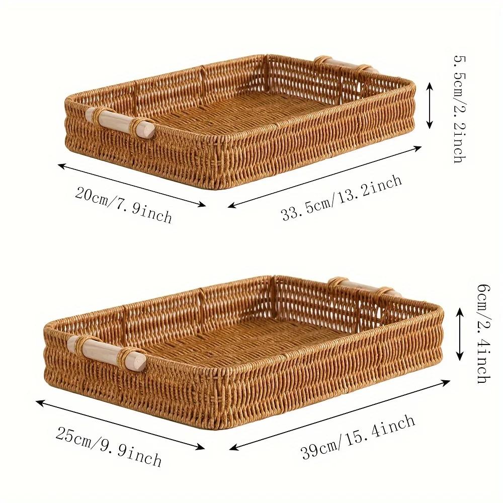 Stackable Rattan Storage Basket W/ Handle, Multi-Use Organizer for Home, Kitchen, Bathroom. Modern & Decorative.