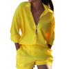 2 Pcs/Set Shirt Shorts Suit Zipper Lapel Loose Printed Long Sleeve Casual Soft Pockets High Waist Lady Top Shorts Set