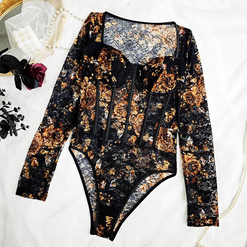 Retro Floral Lace Long Sleeve Underwire Bodysuit