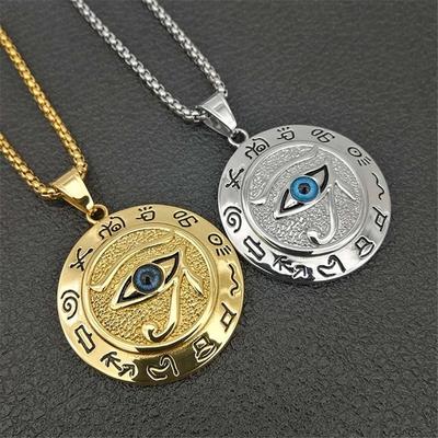 Eye of Horus Muslim Rune Pattern Round Pendant Necklace Men's Necklace Sliding Pendant Metal Necklace Amulet Accessory Jewelry