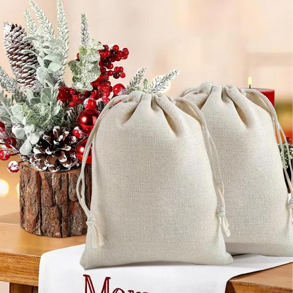 Natural Cotton and Linen Bundle Pocket Soft Drawstring Storage Bag Beige 15 Pack