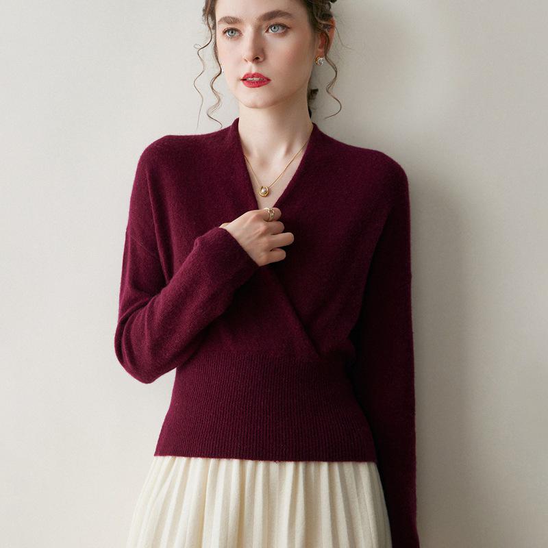Women's Cross V-Neck Cashmere Sweater - 2026 Autumn/Winter French Robe Style Knit Outerwear