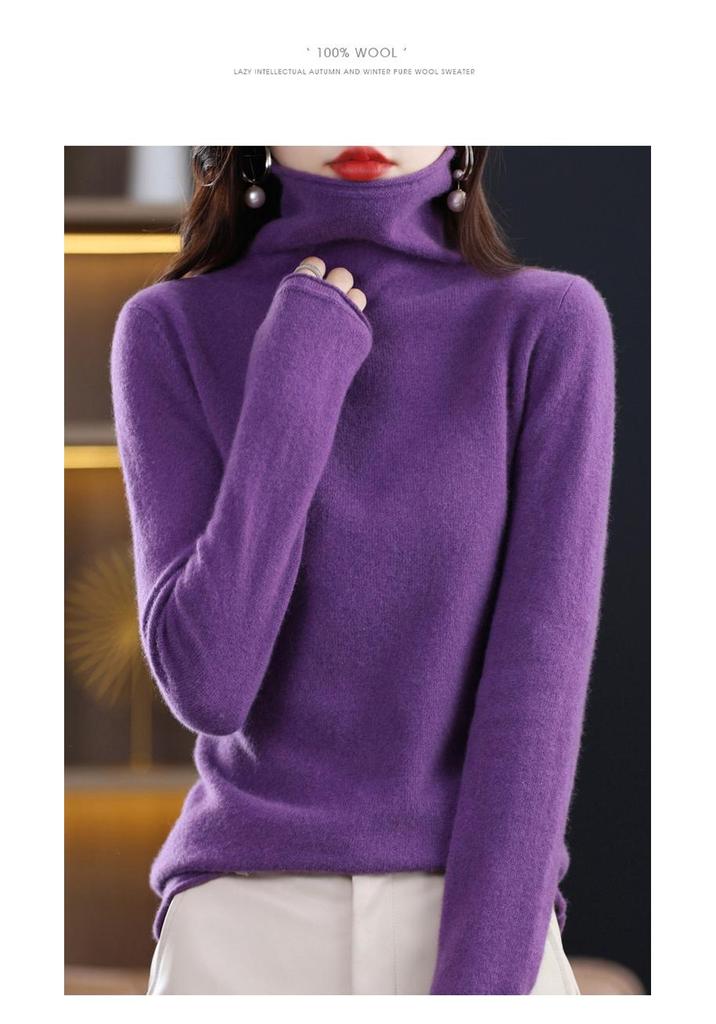 Women's Pure Wool Rolled Hem High Neck Sweater - Autumn/Winter Cashmere Knit Base Layer, Versatile & Thick