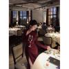Burgundy diagonal neck long-sleeved dress women's winter pleated waist slim skirt imperial sister wind split hip-wrapped long dress