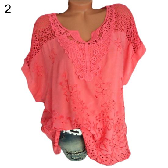 Fashion Women Hollow Out Lace Short Sleeve Blouse Top Summer Casual T-Shirt