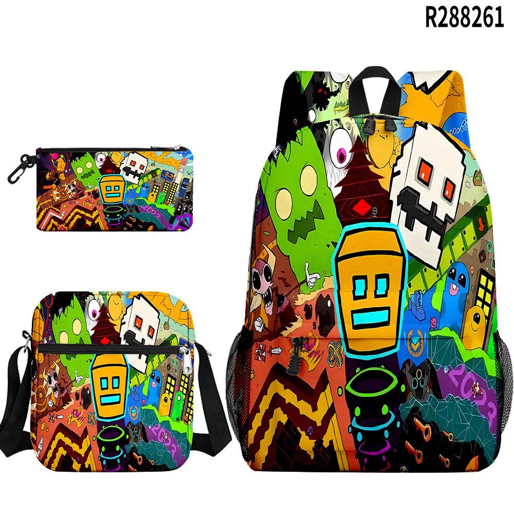 Popular Cool Geometry Dash 3D Printed 3pcs/Set Pupil School Bags Laptop Daypack Backpack Inclined Shoulder Bag Pencil Case