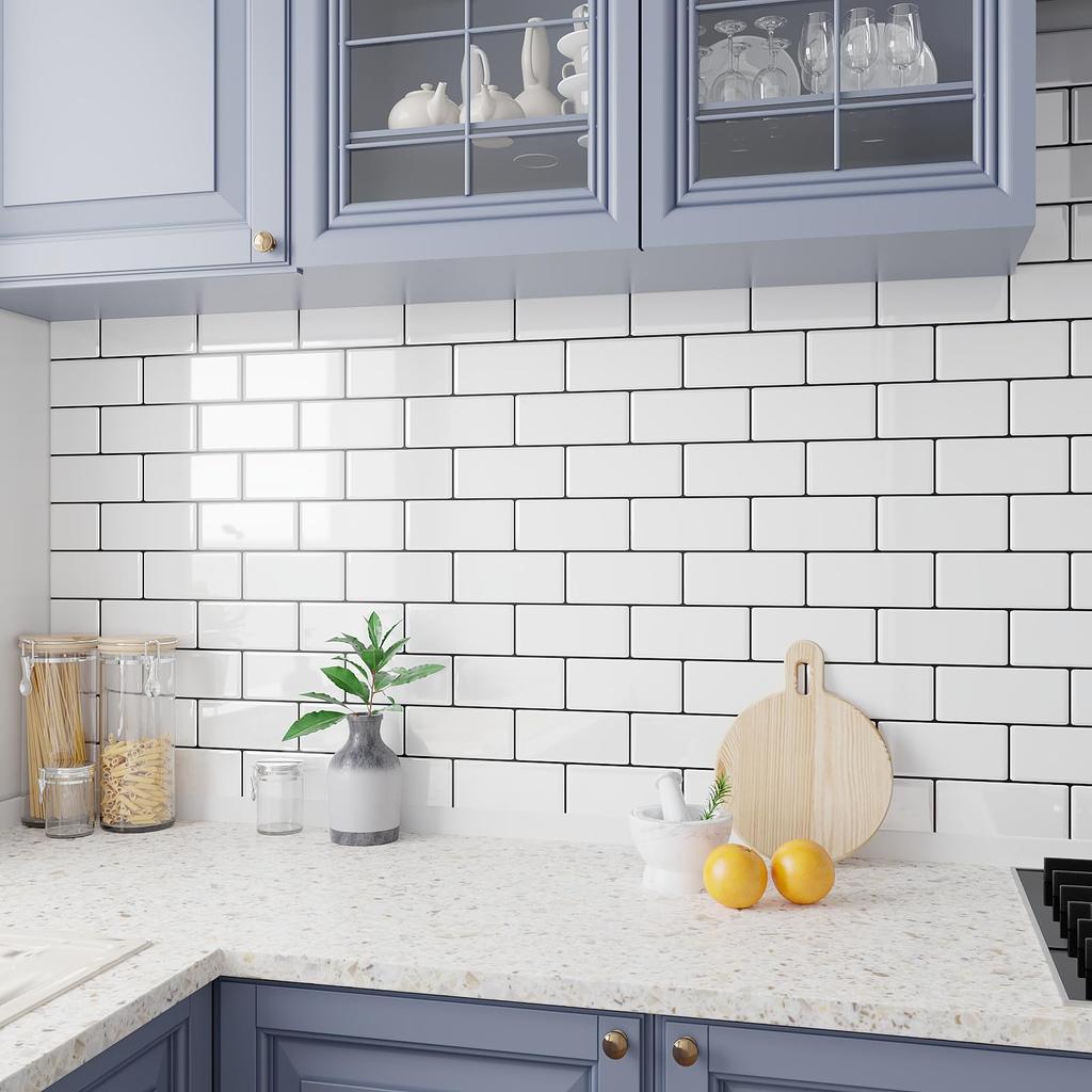 VEELIKE Waterproof Kitchen Tile Stickers, Heat Resistant, 6 Sheets, 30x30cm, Brick Pattern, White, Glossy, 3D Wallpaper Stickers, Wall Stickers, Mosai