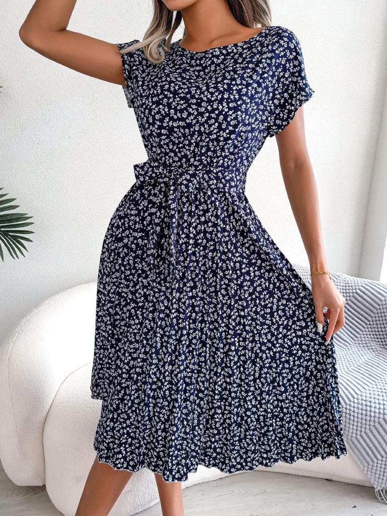 Abito stampato con scollo a O, elegante abito attillato per le donne, a maniche corte, abiti larghi, abito casual