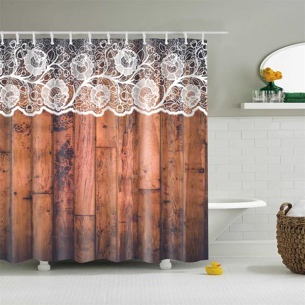 Wooden Door Shower Curtains Bathroom Curtain Stripes Letters Printed Waterproof Bath Screen Curtain for Home Decor with Hooks
