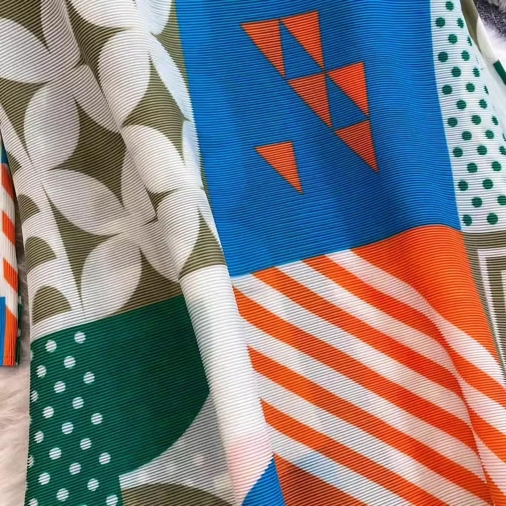 Autumn Spring Fashion Print Colorblock Oversized Loose Shirt Dresses Women's Single Breasted Draped Pleated Party Miyake Clothing