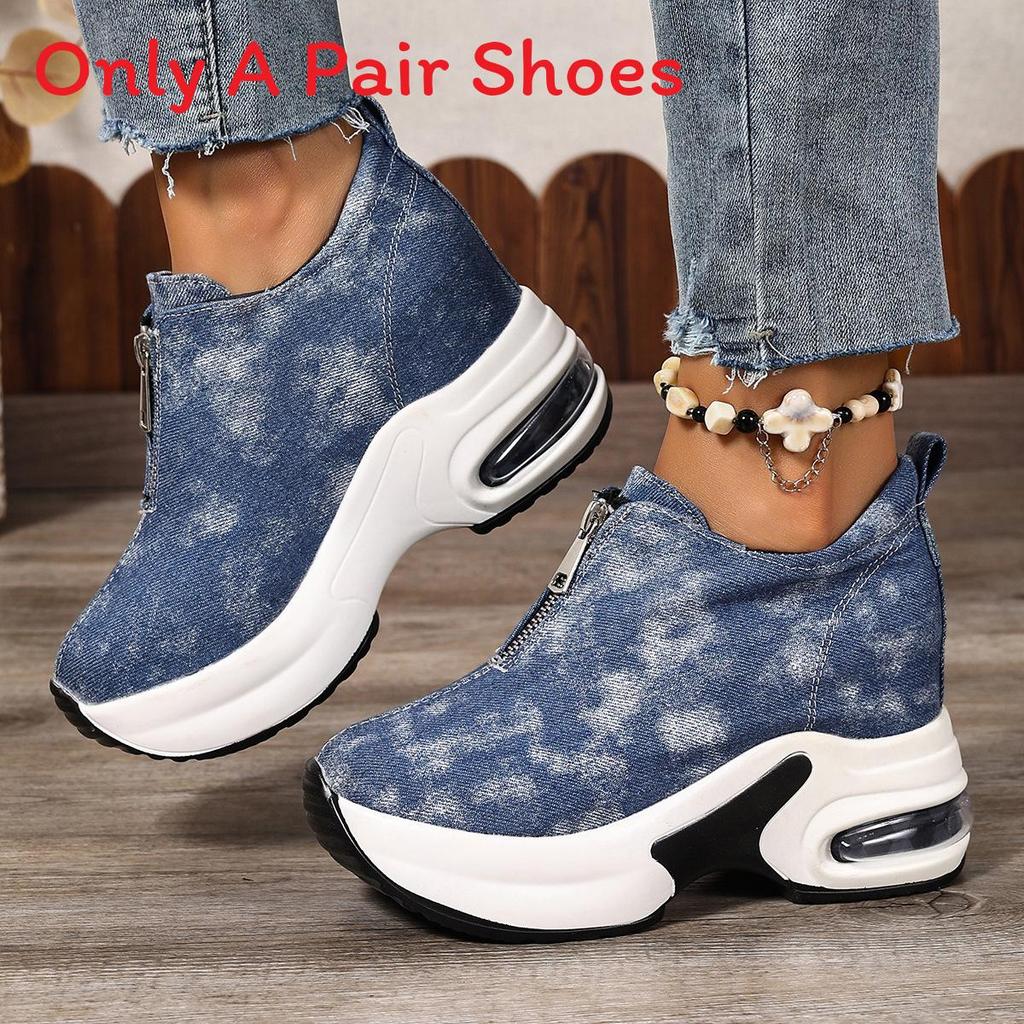Casual Denim Platform Sneakers With Zipper Closure For Womens Autumn Walks