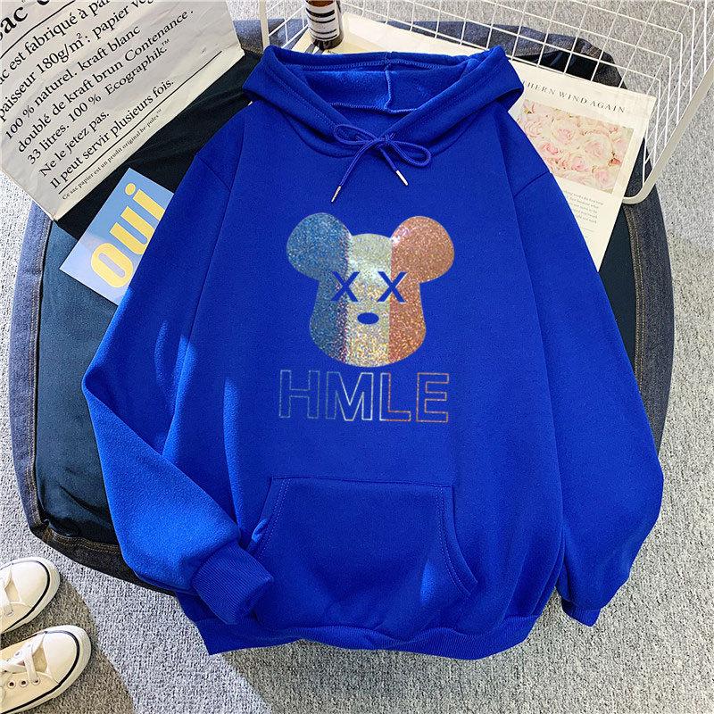 Winter Fall Women Fashion Cartoon Print Hooded Loose Velvet Warm Sweatshirt