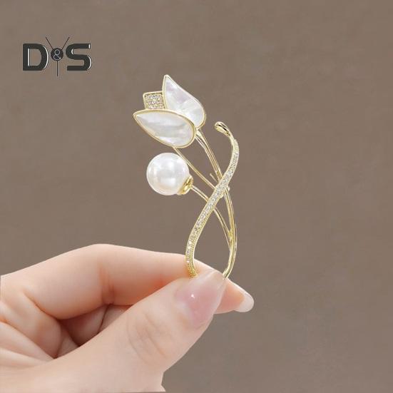 Women Brooch Faux Pearl Rhinestone Tulip Shape Stainless Anti-slip Wear-resistant Coat Collar Hat Scarf Decoration Clothes Pin Garment Jewelry