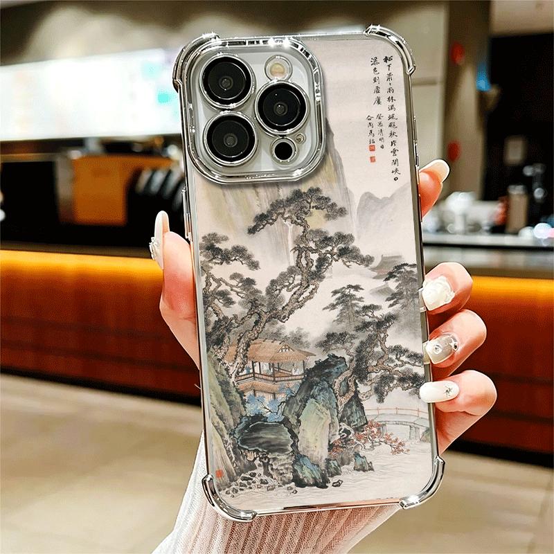 Chinese Style Ink Painting Art Soft Phone Case For iPhone 15 16 17 Air 14 Pro Max 16E Plus 13 12 Mini Plating Anti-Fall Fundas