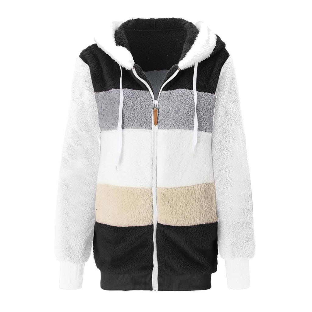 Women's Fashion Stitching Loose Hoodies Long Sleeve Plush Zipper Coat