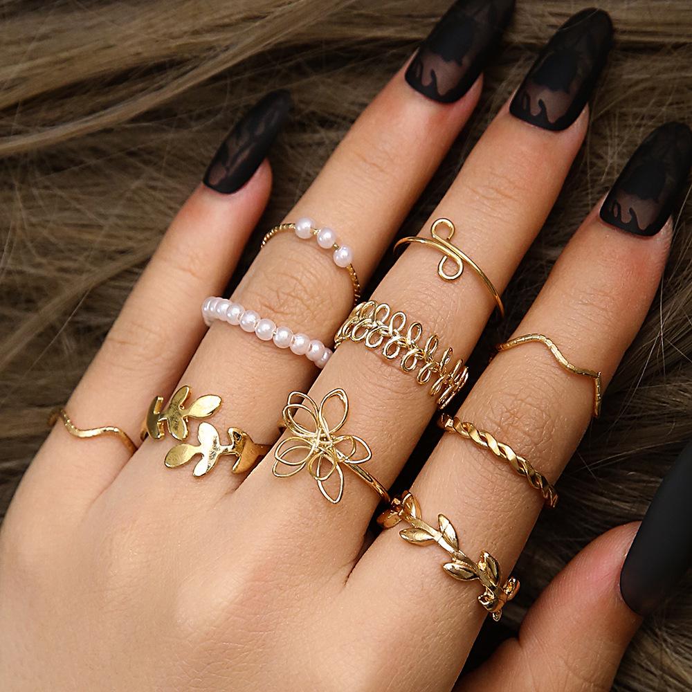Boho Hollowed Flower and Leaf Rings with Faux Pearls - 10-Piece Set