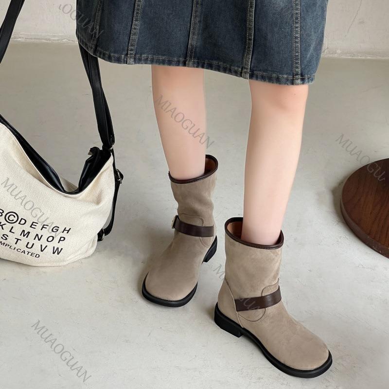 Fashion Retro Frosted Boots for Women Autumn Fashion Round Head Slip on Low Heeled Short Botas Suede Temperament Elegant Women's Shoes