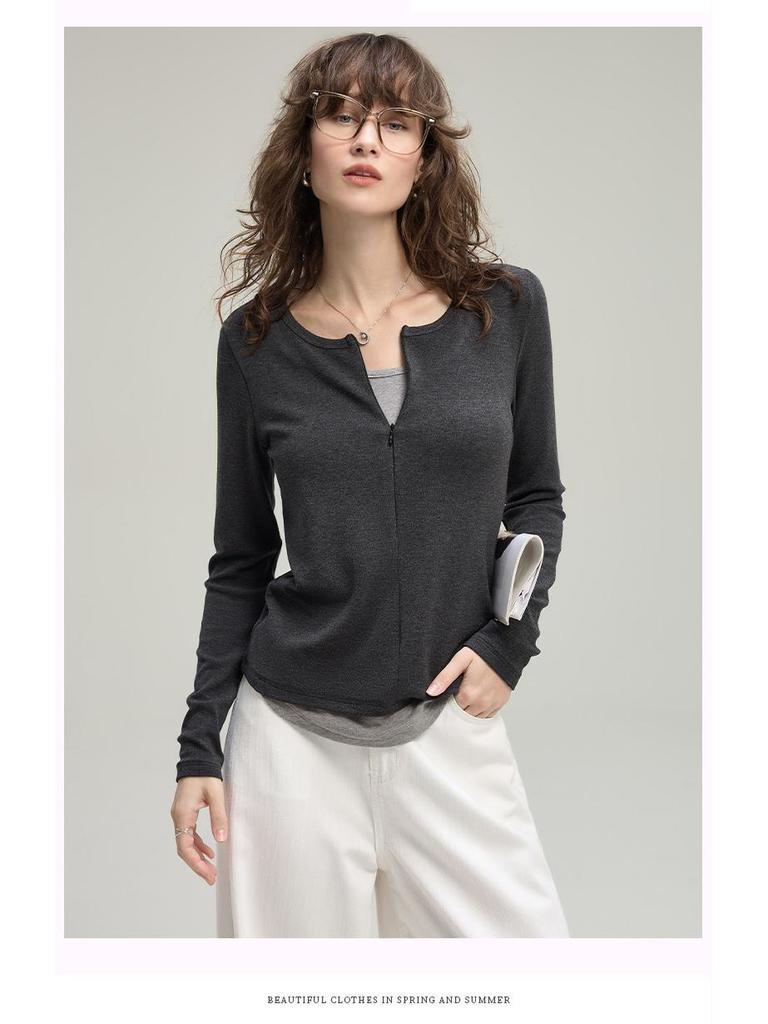Women's Half-Zip Two-Piece Design Long-Sleeve T-Shirt – Autumn 2025 Collection, Soft & Slim Fit
