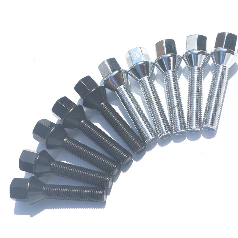 10PCS Black/silver Cone Shape Tapered Wheel Bolts Locking Screws M14X1.25 M12X1.5 M12X1.25 M14 X1.5 For BMW Golf E91 G30 PEUGEOT