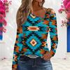 Women Plus Size White Blue Floral Paisley Printed Asymmetric Cutout Neck Cold Shoulder Long Sleeve Fitted Blouse