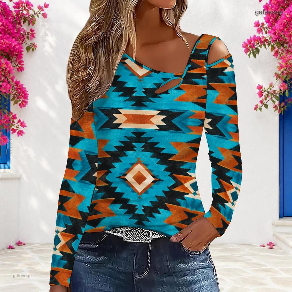 Women Plus Size White Blue Floral Paisley Printed Asymmetric Cutout Neck Cold Shoulder Long Sleeve Fitted Blouse