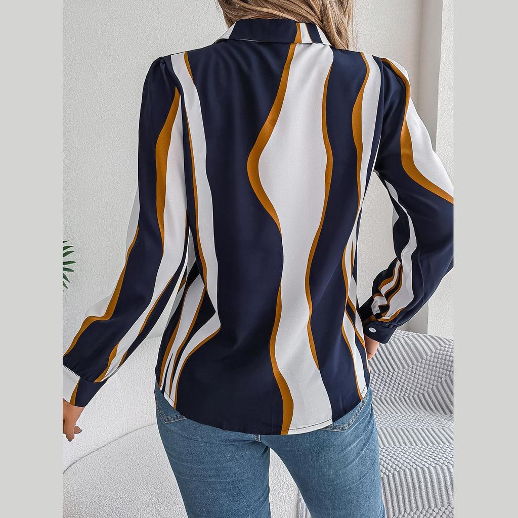 Women's And Winter Casual All- Contrasting Color Striped Suit Collar Long-sleeved Shirt