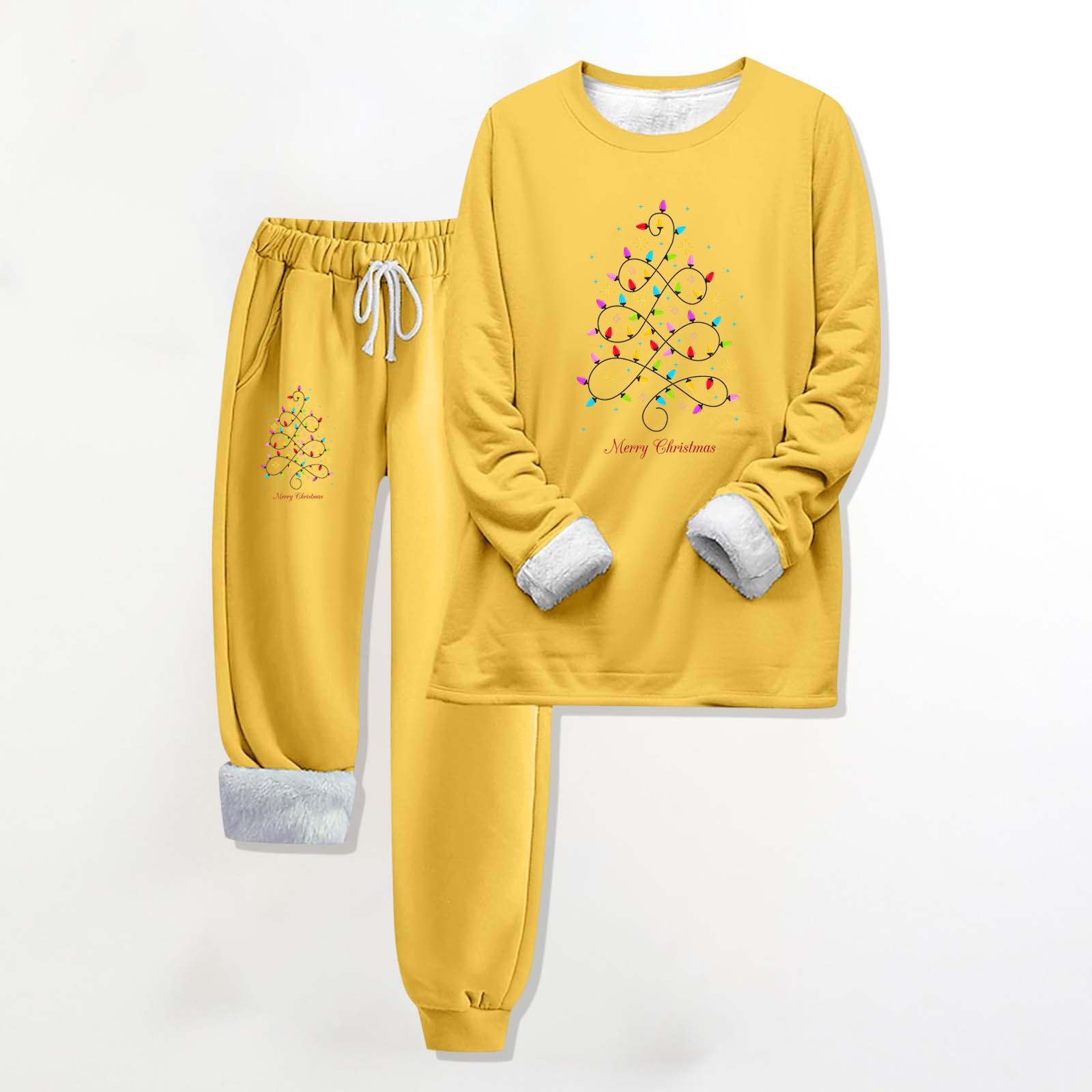 

Комплект из двух предметов для женщин, теплый спортивный комплект с флисовой подкладкой, свитшот с круглым вырезом и длинными рукавами, с рождественским принтом, спортивные штаны с завязками на талии XL жёлтый