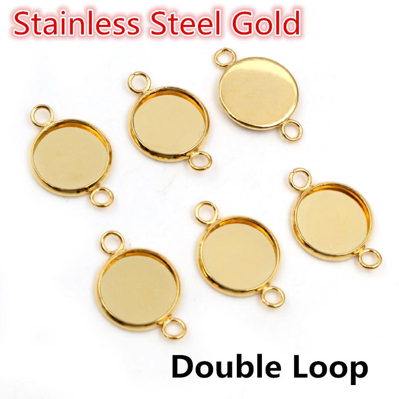 New 20pcs 12mm Inner Size Stainless Steel Gold Plated Single/Double Loop Style Cabochon Base Cameo Setting Charms Pendant Tray