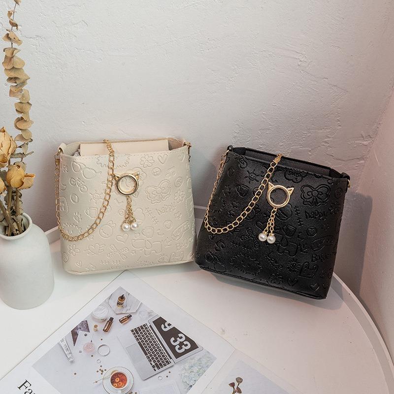 Ladies bag new fashion pearl printing messenger bucket bag fresh and sweet messenger bag