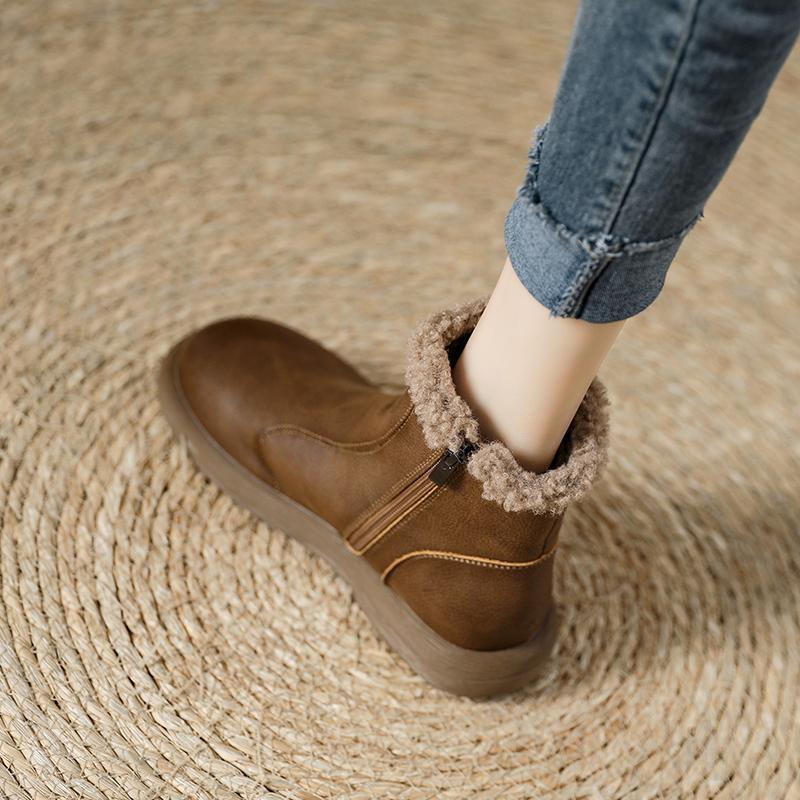 Fashion Leather Waterproof Plush Round Toe Snow Boots for Women Trend 2025 Designer Luxury Woman Shoes Winter Novelty Non Slip Booties