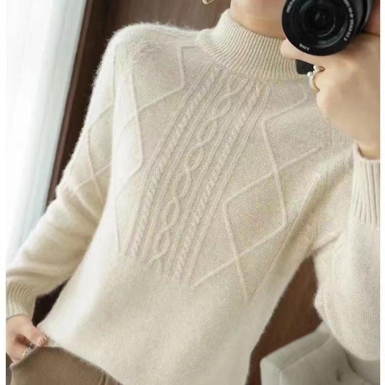 Half Turtleneck Sweater for Women Solid Color Casual Warm Knitted Sweater Thickened Loose Long-sleeved Pullover Autumn and Winter