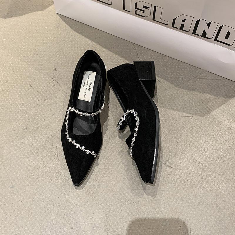 

Spring and Autumn New Single Shoes Women s Low Heel Thin Heel Pointed Metal Square Buckle Shallow Mouth Medium Heel Ladle Shoes 40 чёрный