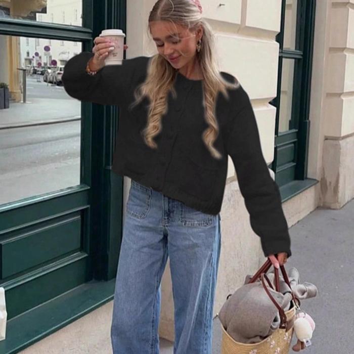 Solid Color Long Sleeves Cardigan Women‘s - Knit Sweater Open Front with Pocket