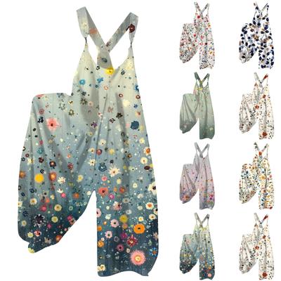 Damskie Letnie Ogrodniczki w Kwiatowy Wzór w Stylu Vintage (Nieregulowane paski)