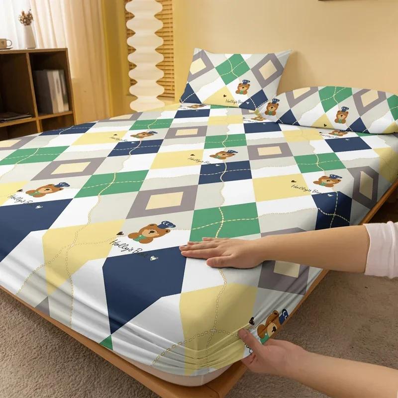 Cartoon 1 Cute Animal Bear Printed Matte Fitted Sheet, Bedroom Printed Bed Cover, Bedding Excluding Pillowcases