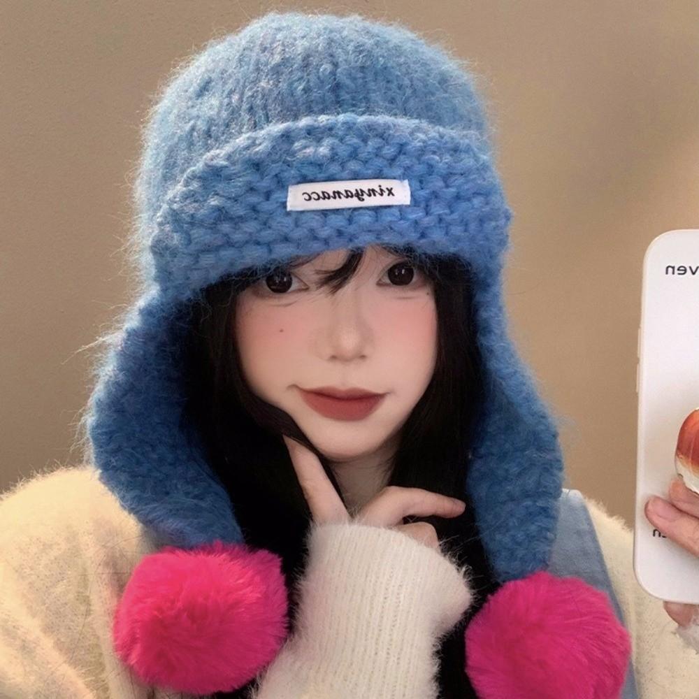 Sweet Women Knitted Cap Autumu Winter Ear Protection Caps Cute Warm Beanie Hats  Female
