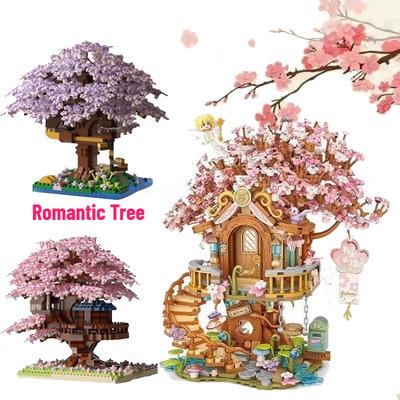 Rosa Romantisches Kirschblüten Baumhaus Mini Partikel Bausteine DIY Lila Baumhaus Ziegel Spielzeug Kinder Mädchen Weihnachtsgeschenke