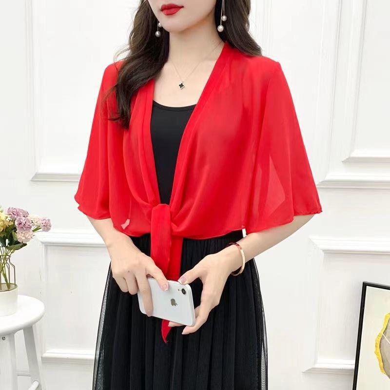 Women's Summer Strappy Dress & Shawl Set with Chiffon Top and Short Cardigan, Lightweight Sun Protection Outerwear