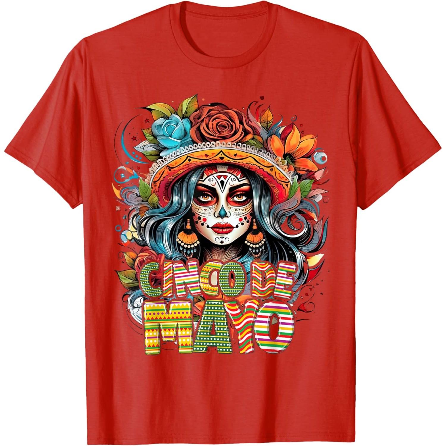 

Cinco De Mayo Sugar Skull Girl Graphic Tee Breathable Casual Cotton T-Shirt for Fiesta S
