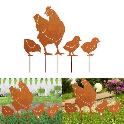 Rusty Iron Chicken Decorations In a Set of Four for Your Garden Style