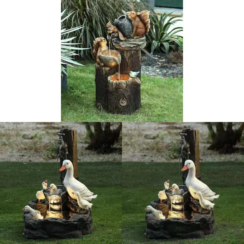 Squirrel And Duck Solar Water Fountain Resin Garden Decor For Patio And Lawn