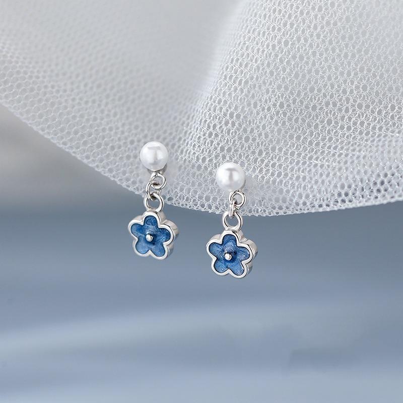 Mini Cute Sweet 925 Sterling Silver Pearl Blue Flower Gold Color Stud Earrings for Woman Korean Piercing Jewelry Accessory Gifts