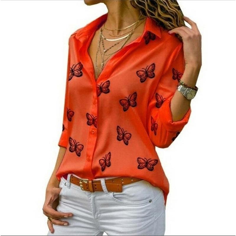 Multicolor Butterfly Print Loose Lapel Shirt Women