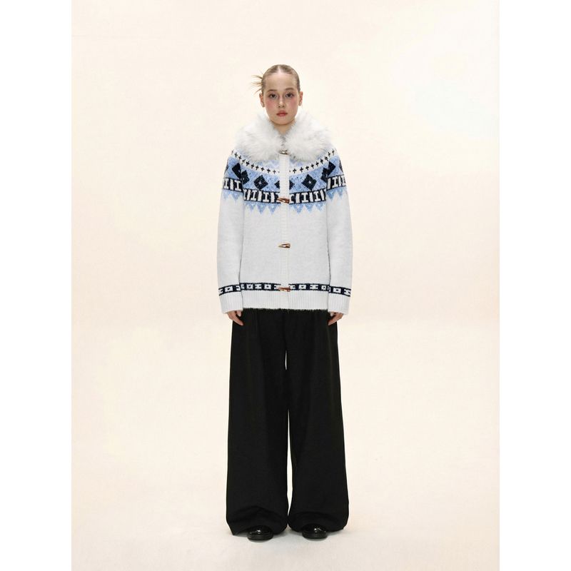 Shiyiyue Detachable Fur Collar Knit Sweater for Women, Autumn and Winter, Horn Button, Color-Blocking, Christmas Outfit, Lazy Loose Sweater