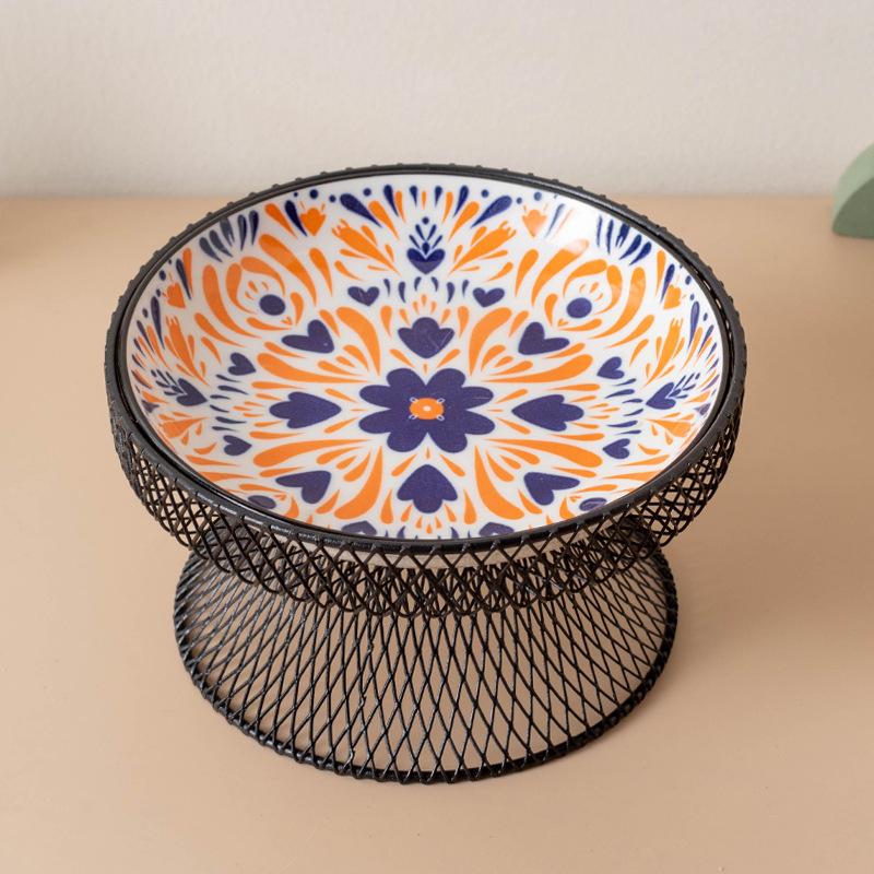 Ceramics Cat Bowl With Bohemia Design Cat Food Bowl Water Plate Snack Dish Large Caliber Anti-Tip With Stand For Neck Protection