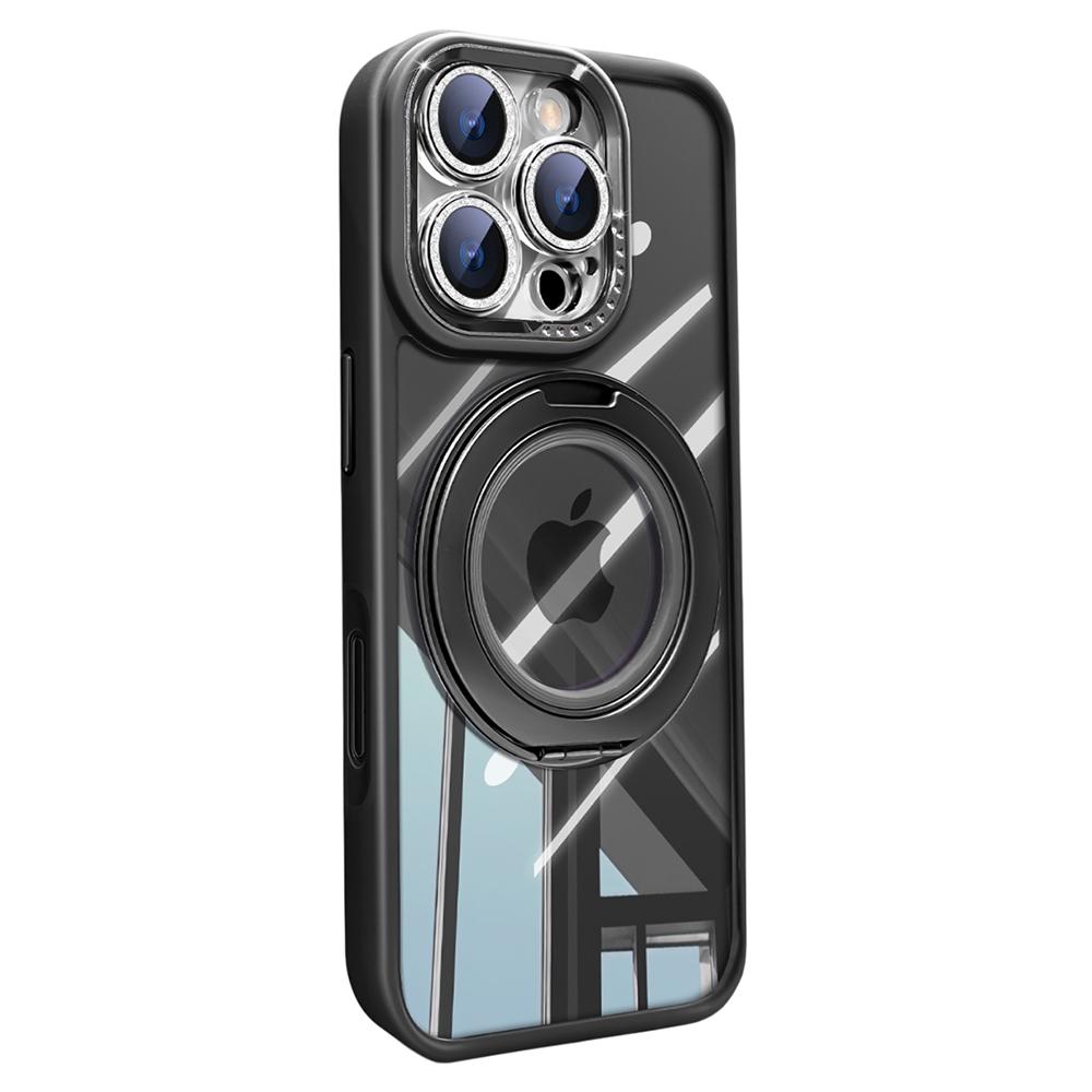 For iPhone 16 Pro Case Magnetic Rotating Kickstand PC+TPU Phone Cover with Glitter Camera Lens Film
