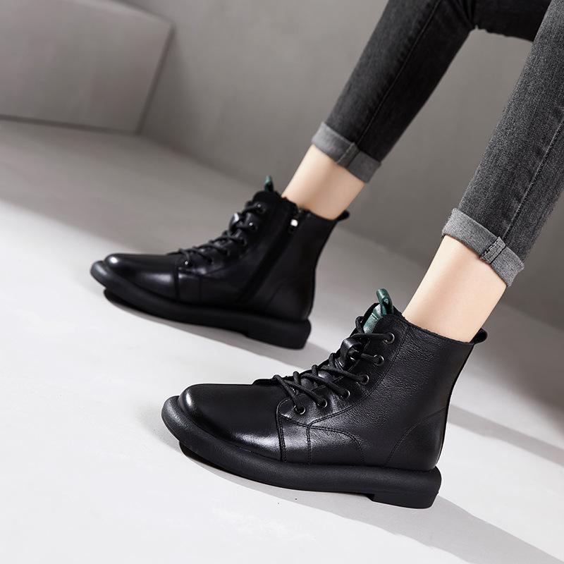 The First Layer of Cowhide Short Boots for Women In the Autumn and Winter of 2025, the New Retro Polished Leather Flat-bottomed Lace-up Martin Boots