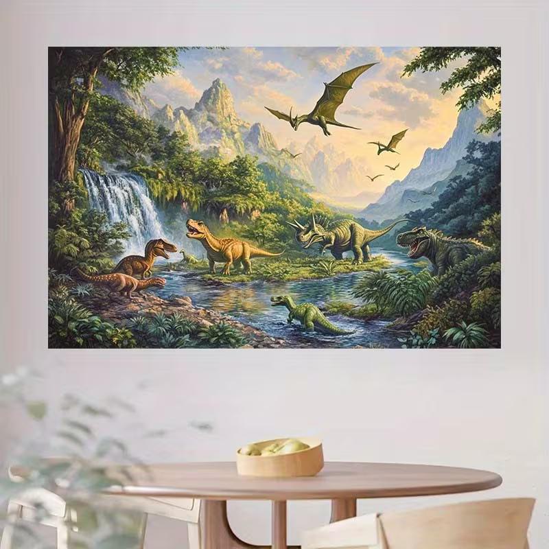Klassischer Jurassic Dinosaurier Dschungel Kulisse Wasserfall und Berg Szene Hintergrundtuch für Kinderzimmer Dekoration