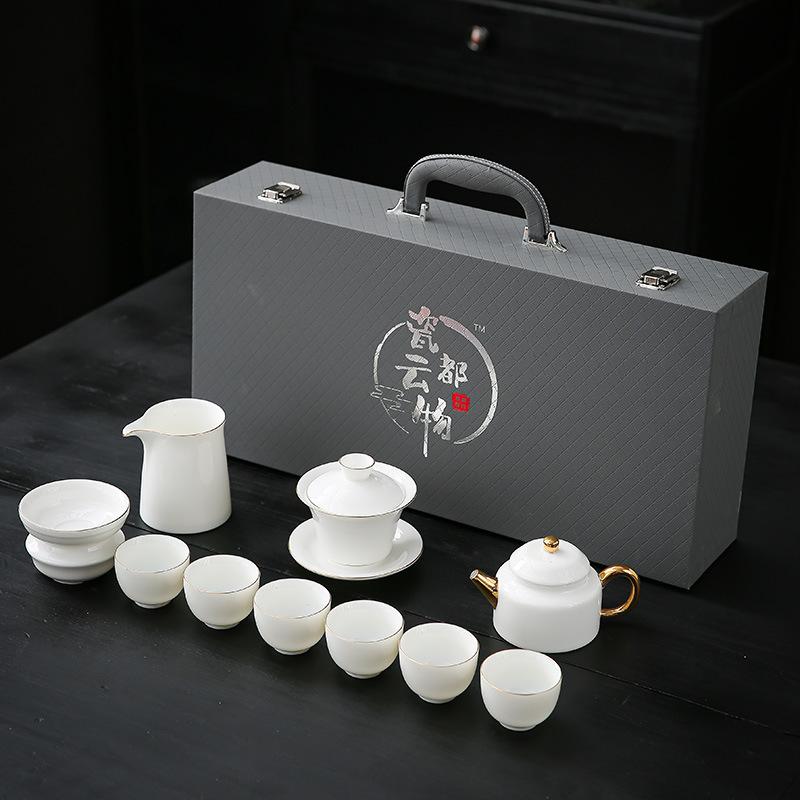 Suet Jade White Porcelain Tea Set, High-grade Light Luxury Kung Fu Tea Cup, Office Cover Bowl, Tea Cup, Boutique Tea Ceremony