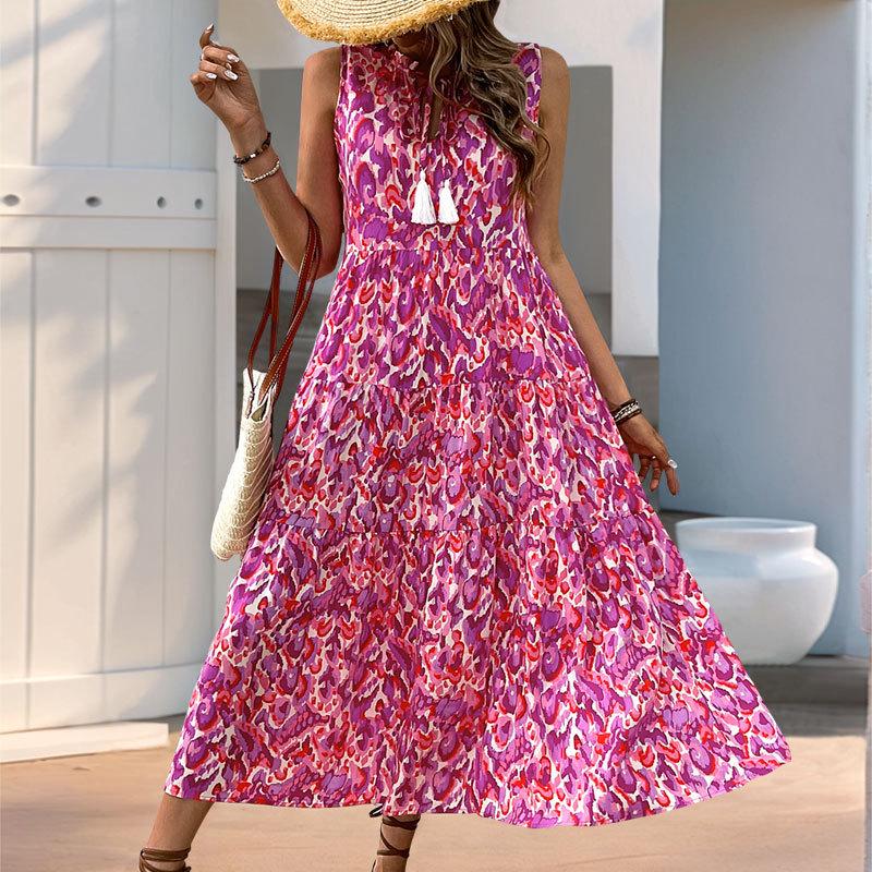 2026 European & American Summer Resort Sleeveless V-Neck Tassel Abstract Print Dress for Women